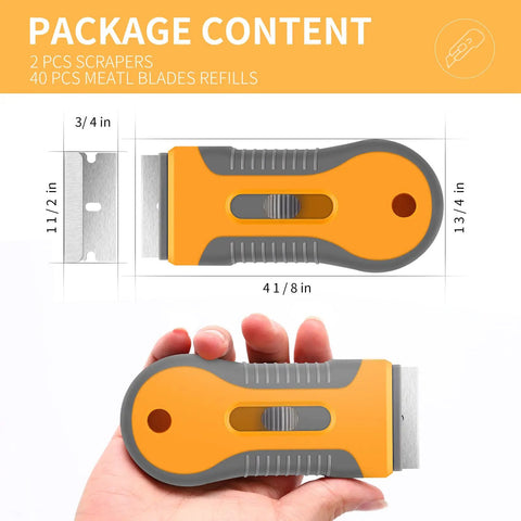 Retractable Glass Scraper Kit With 1 Pack Plastic Handle And 20 Extra Razor Blades dimensions and hand-held view
