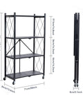Rock Solid Four Tier Metal Shelving Rack With Smooth Roll Away Casters, Foldable Storage Organizer For Garage Or Kitchen, Heavy Duty Shelf With No Sweat Setup, Black with measurements.