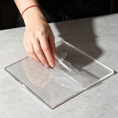 Hand removing protective film from 2 Piece Heavy Duty Acrylic Baby Closet Divider Router Template With Curved Hanger Cutting Stencil.