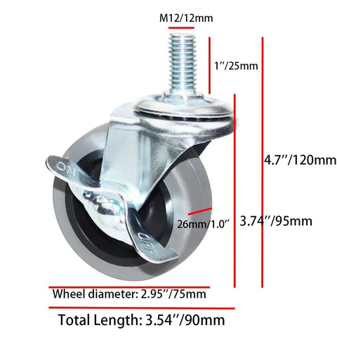 Heavy Duty Swivel Caster Wheels With Threaded Stem And Side Brake Locking Beefy Build For Furniture And Workbench Carts Delivers Dead Silent Action And No Sweat Rolling Performance, close-up view showing dimensions and design details.