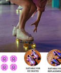 Light Up Quad Skate Wheels Set of 4 with Bearings for Indoor and Outdoor Roller Skates, Iridescent Pink Purple Glow, skater in motion