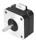 Front view: NEMA 17 stepper motor with silver mounting plate, black housing, top 4-pin connector