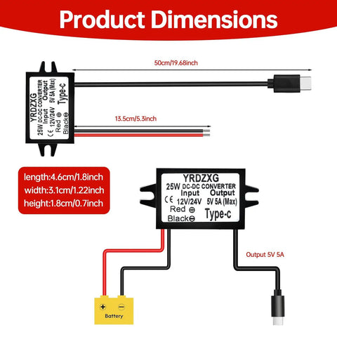 Rugged 12V To 32V 5V 5A Type-C Buck Converter For Cars Trucks And Motorcycles with dimensions, Beefy 25W Waterproof IP68 Power Adapter