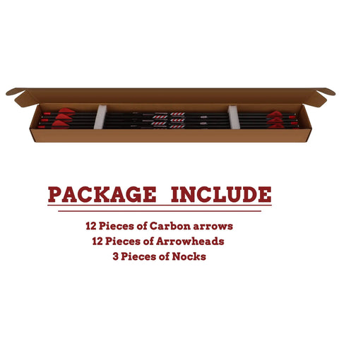 12 Pack 29 Inch Carbon Arrows For Archery Hunting With 400 Spine Two And A Half Inch Vanes Removable 100 Grain Field Tips in box