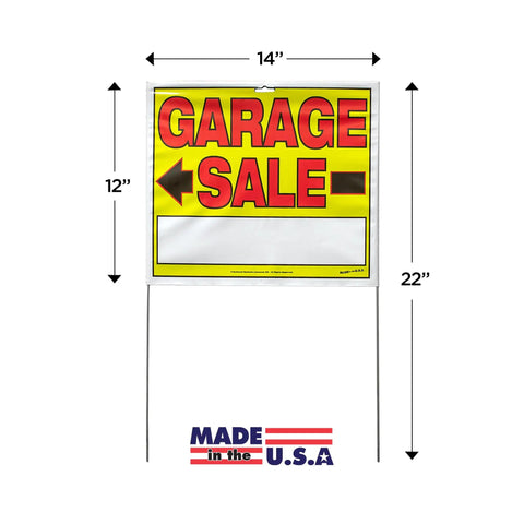Attention Grabbing Garage Sale Sign Kit With Metal U Stakes Double Sided 14 by 22 Inches Includes Stakes Bold Eye-Poppin Colors To Catch Eyeballs Made In USA 10 Pack shown with dimensions.