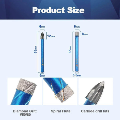 Front view: blue 10-piece diamond hole saw drill bit set with round shanks, 6mm diameter for porcelain tile and stone.