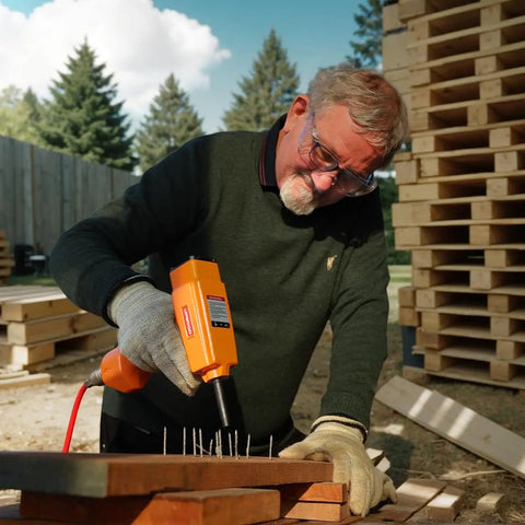 Man using Pro Grade Air Punch Nailer Nail Remover Pneumatic Puller For Denailing And Wood Recycling on wooden pallets outdoors