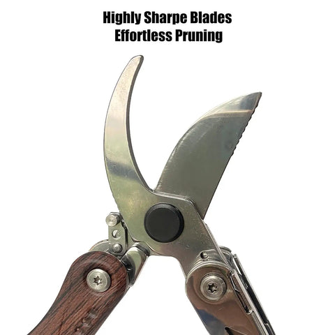 Close-up of sharp blades on 7 In 1 Garden Pruning Shears Folding Multitool With 8 Inch Professional Garden Scissors.