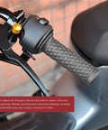 Close-up of 2 Pack Non Slip Motorcycle Hand Grips Open End Seven Eighths Inch Twenty One Millimeters Twenty Four Millimeters Fits Dirt Bike Scooter Motocross Vintage Soft Rubber Thruster Grips With Durable Soft Rubber For All Weather Riding on motorcycle handlebar.