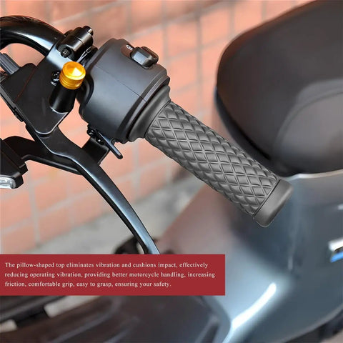 Close-up of 2 Pack Non Slip Motorcycle Hand Grips Open End Seven Eighths Inch Twenty One Millimeters Twenty Four Millimeters Fits Dirt Bike Scooter Motocross Vintage Soft Rubber Thruster Grips With Durable Soft Rubber For All Weather Riding on motorcycle handlebar.