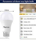 Diagram showing parameters of Three Way Light Bulbs With 30/70/100W Equivalents For Soft White 2700K A19 Lamps next to a bedroom setup.
