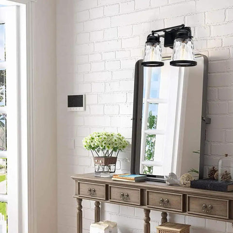 Matte Black Two Light Vanity Lights For Bathroom Farmhouse Rustic Over Mirror Sconces With Hammered Glass Shades