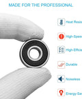 Close-up of a rubber sealed ball bearing showing durability and efficiency features, held by a gloved hand.