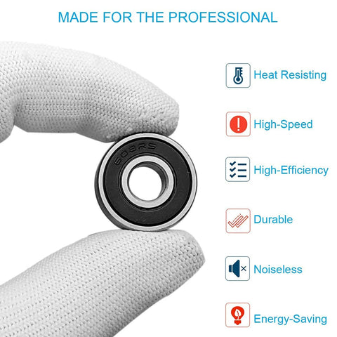 Close-up of a rubber sealed ball bearing showing durability and efficiency features, held by a gloved hand.