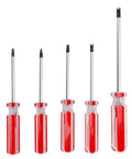 Top Shelf 5 Piece Spanner Screwdriver Set Featuring Strong Magnetic Tips In M1.7 M2.0 M2.3 M2.6 And M2.8 Sizes For Precision Electronics Repair Watchmaking And Jewelry Crafting Durable Steel Construction To Nail Fasteners Hassle Free, five precision spanner screwdrivers with red handles.