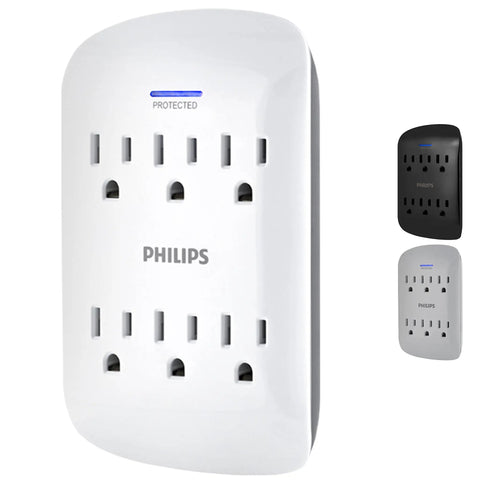 Six-Outlet Surge Protector Wall Tap With 900 Joules Of Protection, Three Prong, Space Saving Compact Design, White Finish
