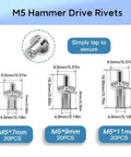 M5 Hammer Drive Rivets; different sizes showing 9.5mm head diameter, lengths 7mm, 9mm, 11mm; aluminum core, corrosion-resistant for DIY projects.