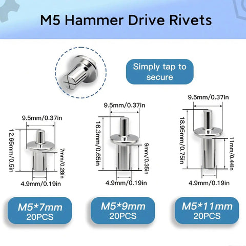 M5 Hammer Drive Rivets; different sizes showing 9.5mm head diameter, lengths 7mm, 9mm, 11mm; aluminum core, corrosion-resistant for DIY projects.