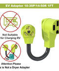 Plug And Play Nema 10-30p To 14-50r Ev Charging Adapter Cord, 1FT long cord with green adapter for EV charging.
