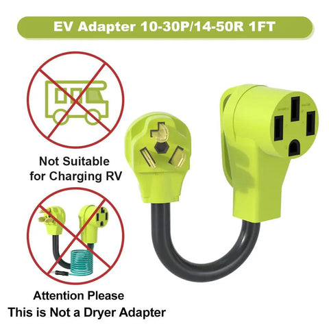 Plug And Play Nema 10-30p To 14-50r Ev Charging Adapter Cord, 1FT long cord with green adapter for EV charging.
