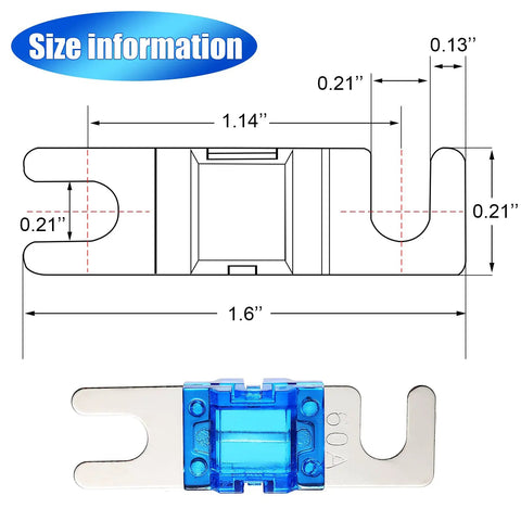 Diagram and dimensions of 60A fuse from 18 Piece Mini ANL Fuse Kit for Car Audio and Marine Electronics, Plated ANL Fuses Set