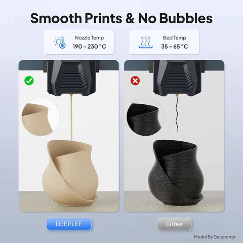 Comparison of two 3D printed vases under different temperature settings showing smooth prints with no bubbles on left