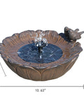 Sunflower Solar Bird Bath Fountain With Resting Bird Eco Friendly Solar Powered Outdoor Garden Water Feature With Three Nozzles Easy Setup For Bird Bath And Hummingbirds In The Yard Or Patio, shown in bronze rust finish with measurements