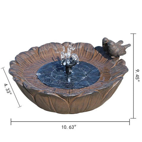 Sunflower Solar Bird Bath Fountain With Resting Bird Eco Friendly Solar Powered Outdoor Garden Water Feature With Three Nozzles Easy Setup For Bird Bath And Hummingbirds In The Yard Or Patio, shown in bronze rust finish with measurements