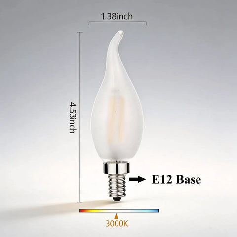 LED Candelabra Bulb 25W Equivalent 3000K Soft White Warm Glow Flame Tip Frosted Glass E12 Base Dimmable