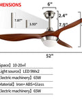 52 Inch Modern Ceiling Fan With Light Remote Control For Indoor Or Outdoor Use showing dimensions and materials