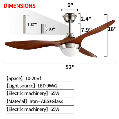 52 Inch Modern Ceiling Fan With Light Remote Control For Indoor Or Outdoor Use showing dimensions and materials