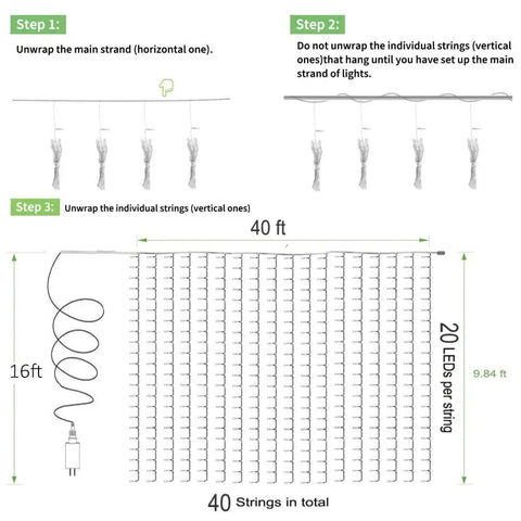 Installation diagram of Epic Outdoor 40Ft By 10Ft 800 LED Curtain Lights With Plug In Hanging String Lights, showing 40 strings.