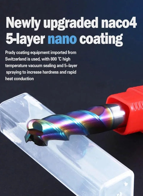Close-up of rainbow-coated round-nose milling cutter with red shank for CNC routing.