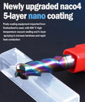 Round-nose milling cutter with rainbow-coated flutes on tungsten carbide, red collet.