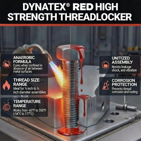 Image of a bolt assembly using Dynatex Red High Strength Threadlocker with details on anaerobic formula, thread, and temperature range.