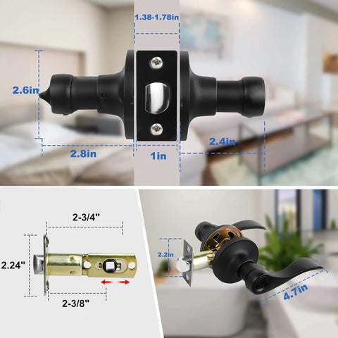 Close-up of 4 Pack Black Wave Style Privacy Door Handles With Lock For Bedroom And Bathroom Interior Doors showing dimensions.