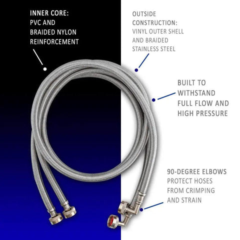 Two 5 Ft Braided Stainless Steel Washing Machine Hoses With Elbows Pack Of 2 3/4 Inch FHT X 3/4 Inch FHT Full Flow High Pressure Connectors Built For Leak Free Water Supply