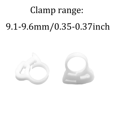 Front view of Thirty Pcs Double Gripping Nylon Hose Clamps Designed For Three Eighth Inch Tubing Range From Nine Point One To Nine Point Six Millimeter Snap Grip Plastic Clamps In White Heavy Duty Adjustable Ratcheting Clamps For Plumbing And Automotive Use