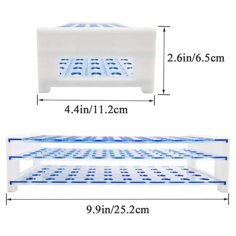 Dimensions of 50 pcs clear plastic test tubes with rack and caps, 16x100mm 10ml capacity, 50 hole tube rack for various uses.
