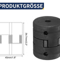 Flexible Three-Piece L-Jaw Coupling Set With Buna-N NBR Rubber Spider For 3/8 Inch Shafts, Great For Log Splitters And Hybrid Equipment, Includes Two Halves With Set Screws And Rubber Insert. 45mm size diagram and coupling view