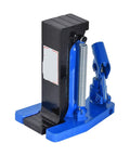 Close-up of Heavy Duty Hydraulic Claw Jack Manual Five Ton Shop Beast Smooth Operator Auto Repair Essential Rock Solid Design One Hundred Ten Millimeter Stroke Quick Lift Hook Setup with black and blue finish.