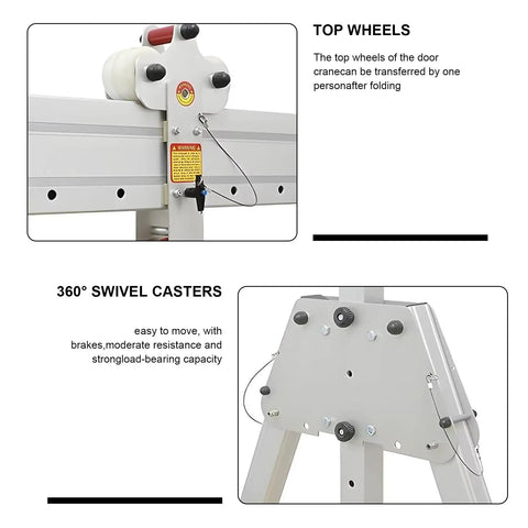 Portable Folding Gantry Crane showing top wheels and 360° swivel casters for easy one-person operation