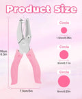 Three Pack Handy Metal Handheld Hole Punch Set For Crafting And Scrapbooks with size details and soft pink grip handles.