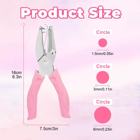 Three Pack Handy Metal Handheld Hole Punch Set For Crafting And Scrapbooks with size details and soft pink grip handles.