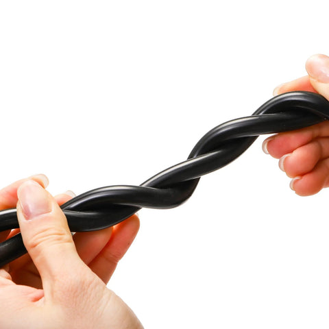 Silicone vacuum hose close-up: hands twisting a black tubing for water/air transfer