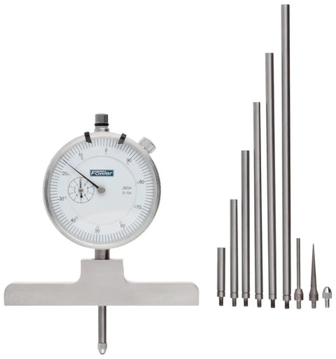 X Series Depth Gage With 0 To 22 Inch Range, Dial Depth Gage With Six Interchangeable Rods For Fast Hole Depth Readings, Satin Chrome Finish, Easy Zero Setting, And Precise 0.001 Inch Travel Indicator