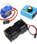 Wishiot three-item servo tester kit: FS90R 9g micro servo with white arm, servo tester with knob, and 4-AA battery holder.