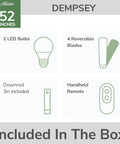 52 Inch Dempsey Brushed Nickel Ceiling Fan With Led Light Kit And Handheld Remote Reversible Motor box content overview