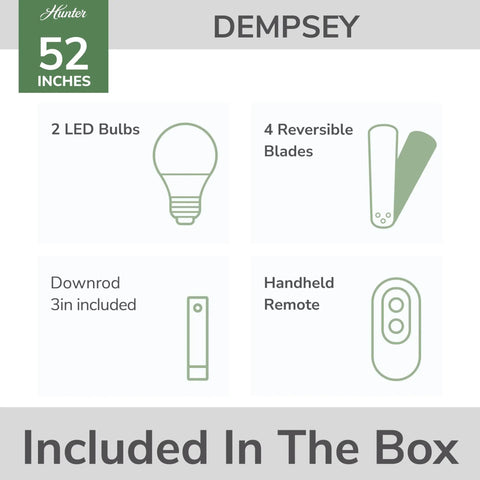 52 Inch Dempsey Brushed Nickel Ceiling Fan With Led Light Kit And Handheld Remote Reversible Motor box content overview