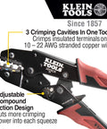 Ratcheting Insulated Terminal Crimper For 10 To 22 AWG Wire With Three Cavities, shown with red handles, side view.